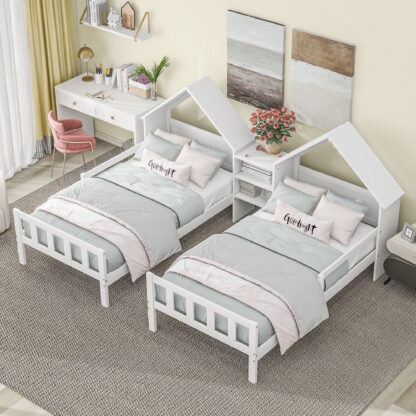 Kumix Double Twin Size Platform Bed with House-shaped Headboard and a Built-in Nightstand, Wooden Platform Bed with Slats Support, Under Bed Space for Kids Teens, Adults, Easy Assembly, White