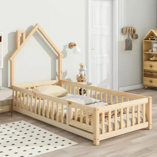 Kumix Floor Bed with Fence and Door House-Shaped Headboard, Twin Size Solid Wood Floor Bed for Kids Boys Girls, Heavy Duty Toddler Floor Bed for Bedroom, No Weight Capacity Limit, Natural