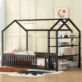 Kumix Floor Bed with Fence Guardrail and Detachable Storage Shelves, Metal Twin Size House Bed without Slat for Kids Young Teens, Heavy Duty Floor Bed for Bedroom, No Box Spring Needed, Black