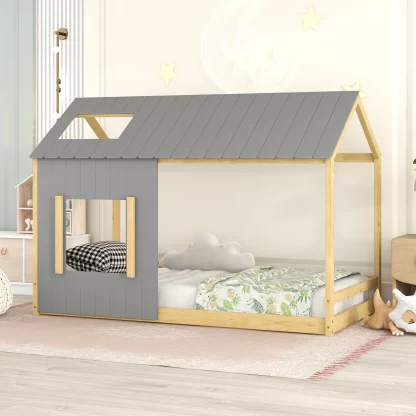 Kumix House Floor Bed with Roof Frame and Window, Twin Size Floor Bed with Slats Support for Kids Young Teens Boys and Girls, Kids Floor Beds for Bedroom, Dorm, Noise-Free, Easy Assembly, Gray