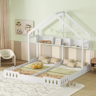 Kumix Floor Beds with Shelves and Guardrail, Wooden Two Shared Floor Beds with House Roof, without Slats for Kids Toddlers Boys and Girls, 2 in 1 Beds, No Box Spring Needed, Easy Assembly, White