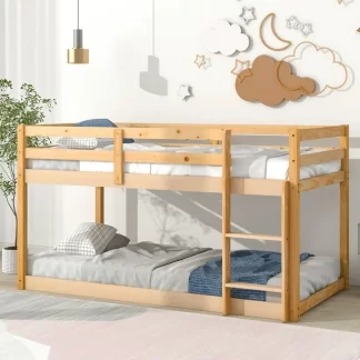 Kumix Bunk Bed with Full Length Guardrail and Build-in Ladder, Wood Low Bunk Bed Twin over Twin with Slats Support, Heavy Duty Bunk Bed Frame for Kids Teens Adults, Noise-Free, Easy Assembly, Natural