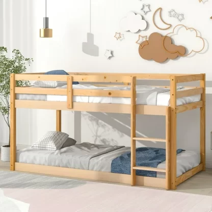 Kumix Bunk Bed with Full Length Guardrail and Build-in Ladder, Wood Low Bunk Bed Twin over Twin with Slats Support, Heavy Duty Bunk Bed Frame for Kids Teens Adults, Noise-Free, Easy Assembly, Natural