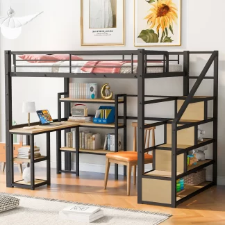 Kumix Loft Bed with Desk, Metal Loft Bed Full Size with Staircase, Full-Length Guardrail, Ladder and Shelves for Kids Teens Adults, Heavy Duty Loft Bed Frame for Bedroom, Noise-Free, Black