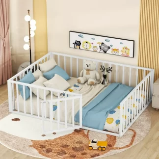 Kumix Floor Bed Full Size, Metal Floor Bed with Fence and Door for Kids 1-3, Toddler Floor Bed with Safety Guardrail for Bedroom, Playroom, No Box Spring Needed, Easy Assembly, White