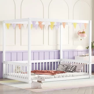 Kumix Wood Canopy Frame Floor Bed with Fence Guardrails and a Roof, Full Floor Bed without Slats, Toddler Floor Bed for Kids Boys & Girls, No Box Spring Needed, Noise-Free, Easy Assembly, White