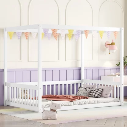 Kumix Wood Canopy Frame Floor Bed with Fence Guardrails and a Roof, Full Floor Bed without Slats, Toddler Floor Bed for Kids Boys & Girls, No Box Spring Needed, Noise-Free, Easy Assembly, White