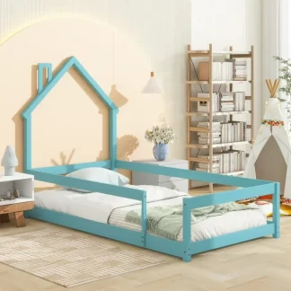 Kumix Twin Floor Bed with House-shaped Headboard and Fences for Kids Teens Boys/Girls, Wood Floor Bed for Toddler 1-3 Aged, No Weight Capacity Limit, Noise-Free, Easy Assembly, Light Blue