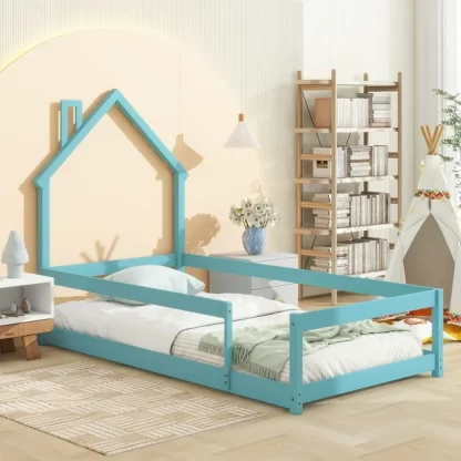 Kumix Twin Floor Bed with House-shaped Headboard and Fences for Kids Teens Boys/Girls, Wood Floor Bed for Toddler 1-3 Aged, No Weight Capacity Limit, Noise-Free, Easy Assembly, Light Blue