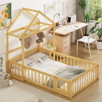 Kumix Wooden Floor Bed with Fence Railings and Detachable House Shape Headboard, Full Size Bed with Kids Dress Up Rack, Kids Montessori Style Playhouse Frame for Girls Boys, Noise-Free, Natural