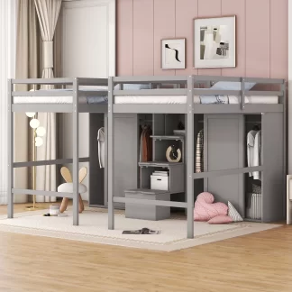 Kumix Double Loft Beds Twin Size, Wood Loft Bed with Wardrobes and Storage Staircase, Full Length Guardrail for 2 Kids Teens Adults, Space-Saving Loft Bed for Bedroom, Noise-Free, Gray