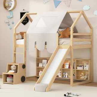 Kumix Loft Bed with Slide and Tent, Twin Size House Loft Bed with Car-Shaped Storage and 2 Tier Shelves, Wood Loft Bed with Safety Guardrail & Ladder for Kids Teens Boys Girls, Noise-Free, Natural