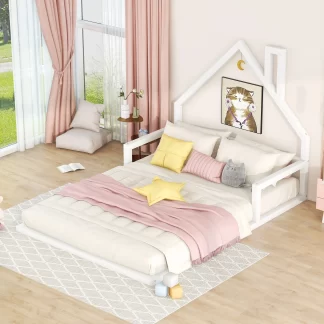 Kumix Floor Bed Full Size with Handrails and House-Shaped Headboard, Wood Floor Bed Slat Support for Kids 1-3 Aged, Toddler Floor Bed Frame Noise-Free, Easy Assembly, No Box Spring Needed, White