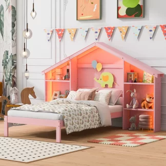 Kumix Platform Bed with House-shaped Storage Headboard and Built-in LED, Wood Twin Size House Bed with Slats Support for Bedroom, Dorm, No Box Spring Needed, Easy Assembly, Noise-Free, Pink