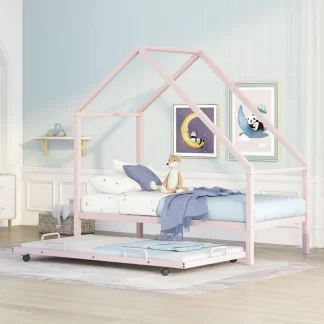 Kumix Floor Bed with Trundle, Metal Twin Size House Bed with 12 Slats Support for Kids Teens Guests, Heavy Duty Platform Bed for Bedroom, Dorm, No Box Spring Needed, Noise-Free, Pink