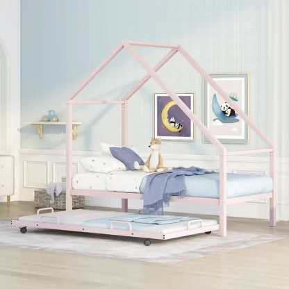 Kumix Floor Bed with Trundle, Metal Twin Size House Bed with 12 Slats Support for Kids Teens Guests, Heavy Duty Platform Bed for Bedroom, Dorm, No Box Spring Needed, Noise-Free, Pink