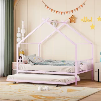 Kumix House Bed with Trundle, Full Size Metal House Bed with a Roof Frame and Headboard, Footboard for Kids Teens Guests, with Twin Size Trundle,House Bed for 2, Noise-Free, Easy Assembly, Pink