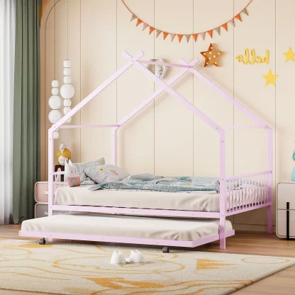 Kumix House Bed with Trundle, Full Size Metal House Bed with a Roof Frame and Headboard, Footboard for Kids Teens Guests, with Twin Size Trundle,House Bed for 2, Noise-Free, Easy Assembly, Pink
