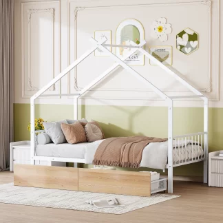 Kumix House Bed with Two Drawers, Twin Size Metal House Bed with Roof Frame and Slats Support for Kids Teens Adults, Heavy Duty House Bed for Bedroom, Dorm, No Box Spring Needed, White