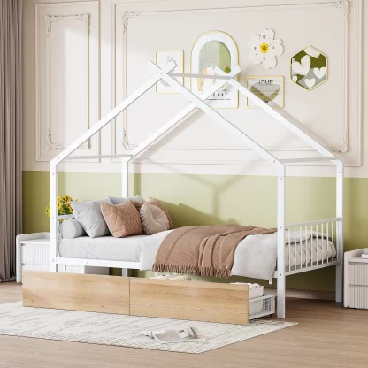 Kumix House Bed with Two Drawers, Twin Size Metal House Bed with Roof Frame and Slats Support for Kids Teens Adults, Heavy Duty House Bed for Bedroom, Dorm, No Box Spring Needed, White
