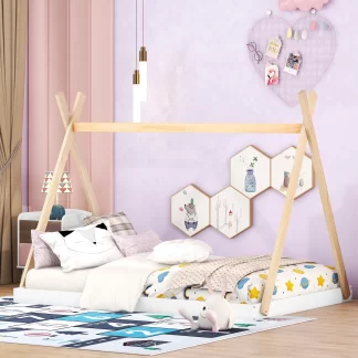 Kumix Tent Floor Bed Full Size with Triangle Structure, Solid Wood Floor Bed Frame with X-Shaped Railings for Kids Boys & Girls, Toddler Floor Bed for Bedroom, Easy Assembly, White+Natural