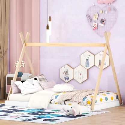 Kumix Tent Floor Bed Full Size with Triangle Structure, Solid Wood Floor Bed Frame with X-Shaped Railings for Kids Boys & Girls, Toddler Floor Bed for Bedroom, Easy Assembly, White+Natural