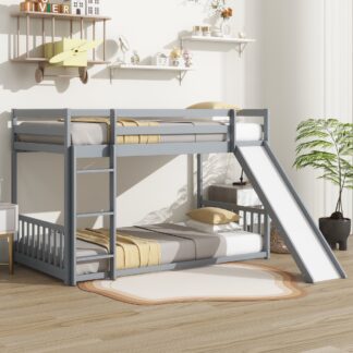 Kumix Bunk Bed with Slide, Fence Guardrails, Ladder and Door, Solid Pine Wood Bunk Bed Twin over Twin for Kids Teens Adults, Heavy Duty Bunk Bed for 2, Noise-Free, No Box Spring Needed, Gray