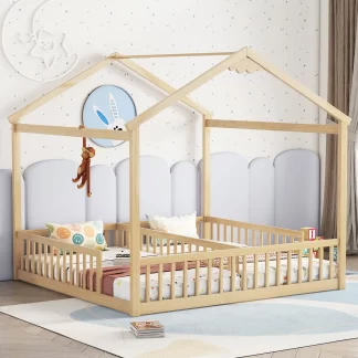 Kumix Double Twin House-Style Floor Bed with Fence Guardrails, without Door, Wooden Floor Bed for Kids Toddler 1-3 Aged, Heavy Duty Floor Bed Frame for Bedroom,Twin Floor Bed for 2, Natural