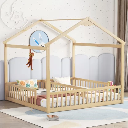 Kumix Double Twin House-Style Floor Bed with Fence Guardrails, without Door, Wooden Floor Bed for Kids Toddler 1-3 Aged, Heavy Duty Floor Bed Frame for Bedroom,Twin Floor Bed for 2, Natural