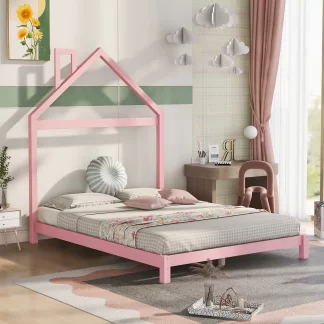 Kumix Platform Bed with House-shaped Headboard, Full Size Wood Platform Bed with Slats Support for Kids Teens Adults, Heavy Duty House Bed for Bedroom, Noise-Free, Easy Assembly, Pink
