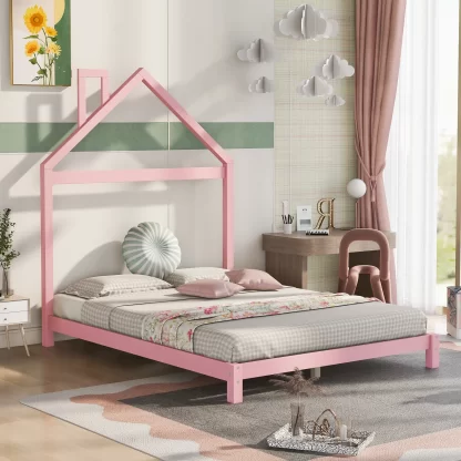 Kumix Platform Bed with House-shaped Headboard, Full Size Wood Platform Bed with Slats Support for Kids Teens Adults, Heavy Duty House Bed for Bedroom, Noise-Free, Easy Assembly, Pink