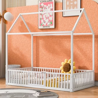 Kumix House Floor Bed with Fence Guardrail and Door, Metal Twin Size Floor Bed without Slat for Kids Teens Boys/Girls, Heavy Duty Floor Bed Frame for Bedroom, Noise-Free, Easy Assembly, White