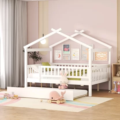 Kumix House Platform Bed with Twin Size Trundle, Full Size Wooden House Bed with Roof Frame and Fence Guardrail for Kids Teens Adults, Noise-Free Platform Bed for 2, Easy Assembly, White