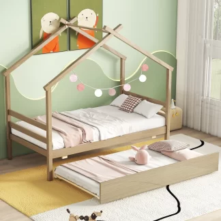 Kumix House-shaped Floor Bed with Trundle, Roof Frame, Slats Support, Wooden Twin Floor Bed for Kids Teens Boys/Girls, House Bed Frame for Bedroom, Twin Beds for 2, No Box Spring Needed, Natural