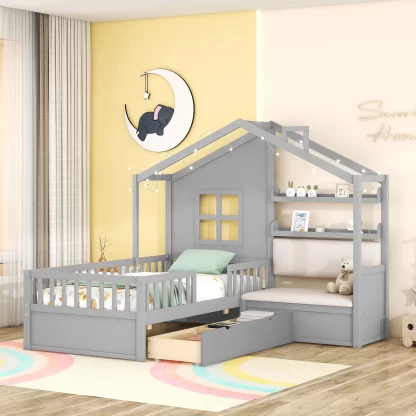 Kumix Platform Bed with Sofa, Twin Size Kids Platform Bed with Two Drawers and Storage Shelf for Boys and Girls, Wooden House Platform Bed Frame for Bedroom, 2 in 1 Platform Beds, Noise-Free, Gray