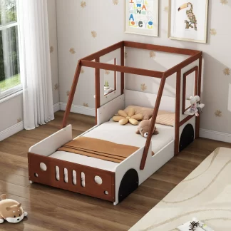 Kumix Platform Bed, Twin Size Fun Play Design Kids Platform Bed in Car-Shaped with Guardrail, 2 Windows and Shelves, Slats Support for Kids Boys Girls Teens, No Box Spring Needed, White+Brown