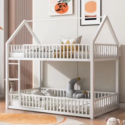 Kumix Bunk Bed Twin over Twin, Metal House Bunk Bed with Fence and Door, Roof Frame for Kids Teens Adults, Noise-Free Bunk Bed Frame for Bedroom, Dorm, No Box Spring Needed, White