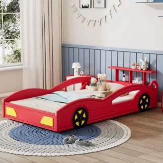 Kumix Platform Bed Twin Size, Car-Shaped Platform Bed with Wheels and Guardrail for Kids Teens Boys and Girls, Wooden Race Car Bed for Bedroom, No Box Spring Needed, Noise-Free, Red & Yellow