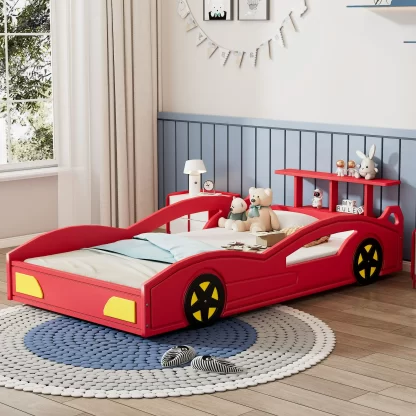 Kumix Platform Bed Twin Size, Car-Shaped Platform Bed with Wheels and Guardrail for Kids Teens Boys and Girls, Wooden Race Car Bed for Bedroom, No Box Spring Needed, Noise-Free, Red & Yellow
