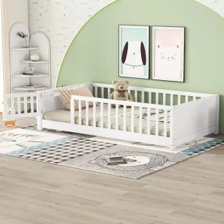 Kumix Twin Floor Bed with Built-in Book Storage Rack, Fence Guardrail and Door, Wooden Toddler Bed for Kids 1-3, Montessori Floor Beds for Bedroom, Twin Floor Beds, Easy Assembly, White