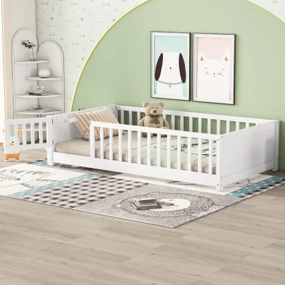 Kumix Twin Floor Bed with Built-in Book Storage Rack, Fence Guardrail and Door, Wooden Toddler Bed for Kids 1-3, Montessori Floor Beds for Bedroom, Twin Floor Beds, Easy Assembly, White