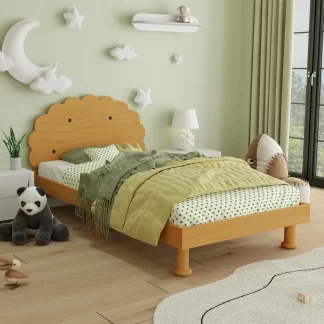 Kumix Platform Bed with Cookie-Shaped Headboard, Twin Size Platform Bed Frame for Kids Boys & Girls, Wooden Kids Platform Bed for Bedroom, No Box Spring Needed, Noise-Free, Easy Assembly, Walnut