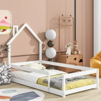 Kumix Twin Floor Bed with House-shaped Headboard and Fences for Kids Teens Boys/Girls, Wood Floor Bed for Toddler 1-3 Aged, No Weight Capacity Limit, Noise-Free, Easy Assembly, White