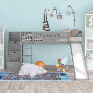 Kumix Loft Bed Twin Size with Slide, Wood Loft Bed with Storage Stairway, Full Length Guardrail for Kids Teens Boys/Girls, Space-Saving Loft Bed for Bedroom, Spacious Under Bed Space, Gray