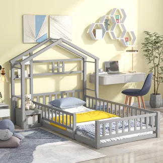 Kumix Floor Bed with Fence Railings and House Shape Headboard, Twin Size House Beds with Nightstand and Wooden Slats Support, Playhouse Bed Frame for Girls Boys, Easy Assembly, Gray