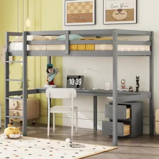 Kumix Loft Bed Twin Size, Wood Loft Bed with Built-in Desk, a Storage Cabinet of 2 Drawers, Full Length Guardrails, Ladder for Kids Teens Adults, Twin Loft Bed Frame Noise-Free, Easy Assembly, Gray