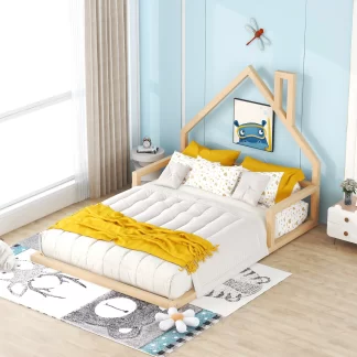 Kumix Floor Bed Full Size with Handrails and House-Shaped Headboard, Wood Floor Bed Slat Support for Kids 1-3 Aged, Toddler Floor Bed Frame Noise-Free, Easy Assembly, No Box Spring Needed, Natural