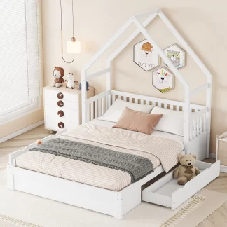 Kumix Wood House Platform Bed with Semi-Guardrail and 2 Drawers, Queen Size House Bed with Slats Support for Kids Teens Adults, No Box Spring Needed, Noise-Free, Easy Assembly, White