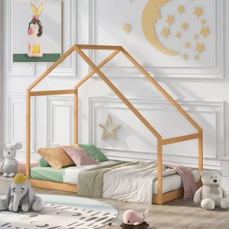 Kumix House Floor Bed with Roof Frame, without Slats, Wooden Twin Size Floor Bed for Kids Boys & Girls 1-3 Aged, Toddler Floor Bed for Bedroom, Heavy Duty Twin Floor Bed, Noise-Free, Natural