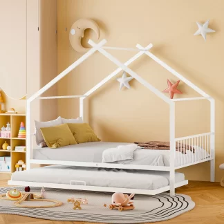 Kumix House Bed with Trundle, Full Size Metal House Bed with a Roof Frame and Headboard, Footboard for Kids Teens Guests, with Twin Size Trundle,House Bed for 2, Noise-Free, Easy Assembly, White